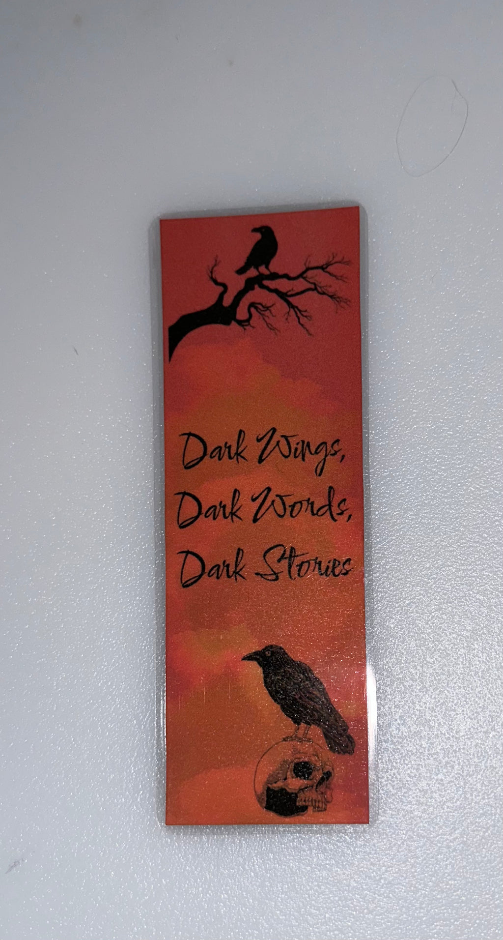 Red raven bookmark with skull and gothic tee - “Dark Wings, Dark Words, Dark Stories