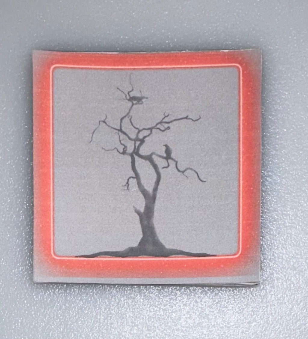 Matching mini notepad with bare trees and glowing red border - coordinated design 